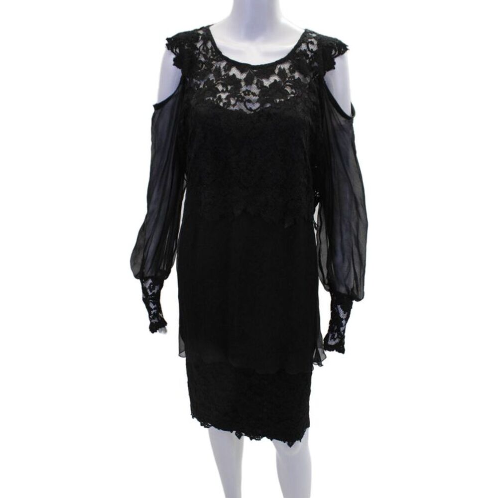 Designer Womens Floral Print Lace Double Cuff Blouse and Skirt Set Black Size 2X